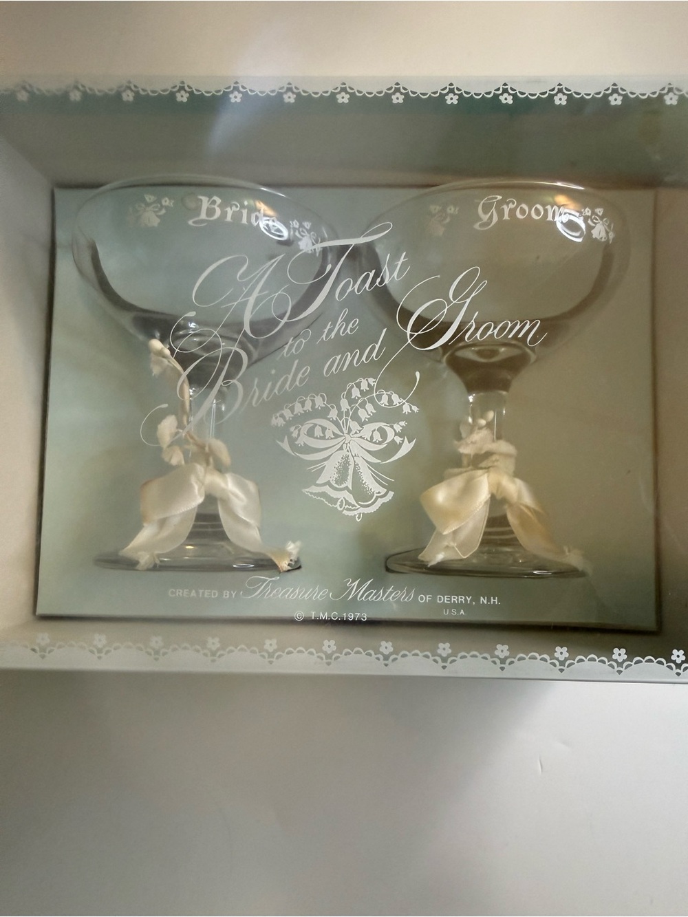 Vintage Bride and Groom Champagne Toasting Glasses